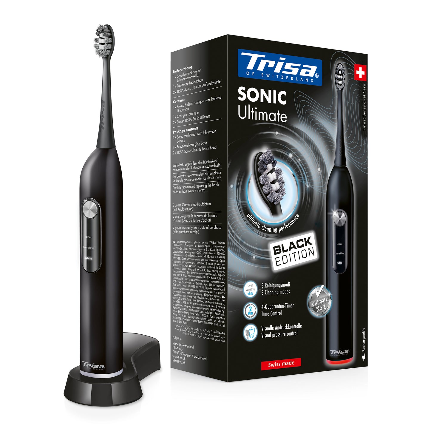 TRISA Sonic Ultimate Black Edition electric toothbrush with 3 cleaning modes and visual pressure control