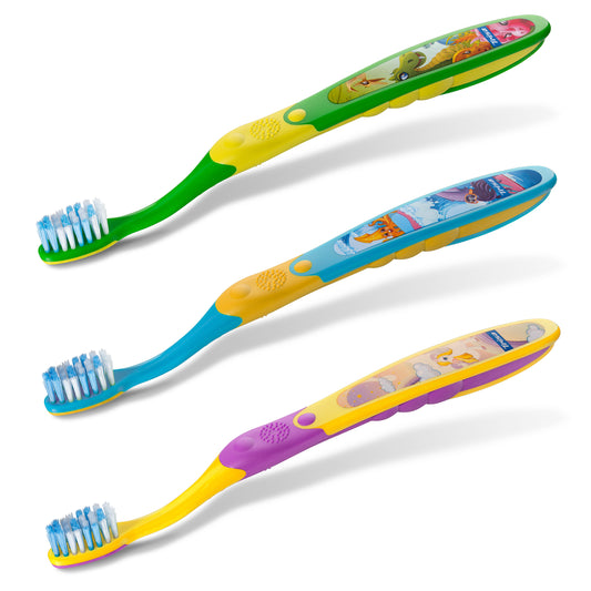 Three colorfulTRISA Kid toothbrushes with cartoon designs on a white background