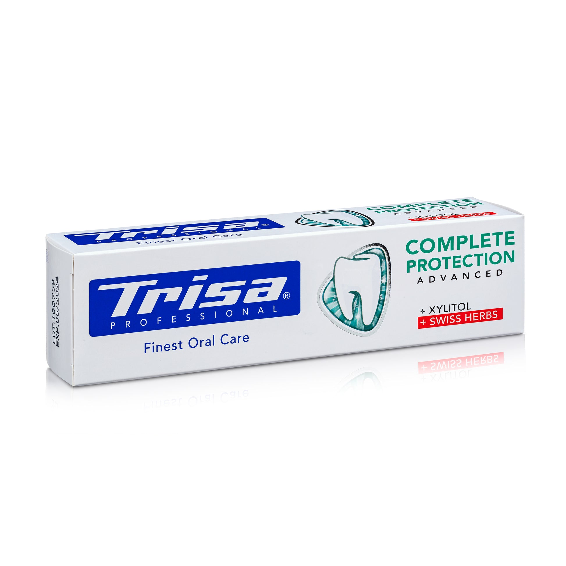 TRISA Complete Protection Swiss Herbs toothpaste 75 ml in original packaging. Made in Switzerland