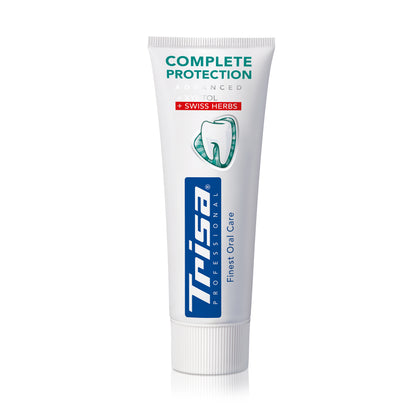 TRISA Complete Protection Swiss Herbs toothpaste tube with herbal formula and fluoride protection
