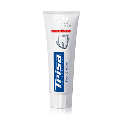 Swiss-made TRISA Pure White Swiss Herbs toothpaste tube with herbal whitening formula and fluoride protection