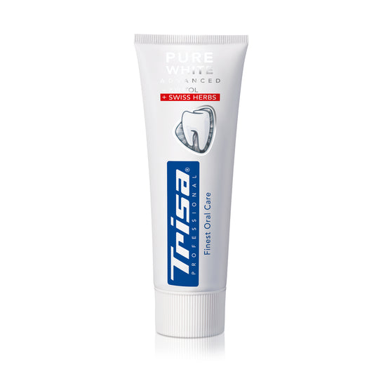 Swiss-made TRISA Pure White Swiss Herbs toothpaste tube with herbal whitening formula and fluoride protection