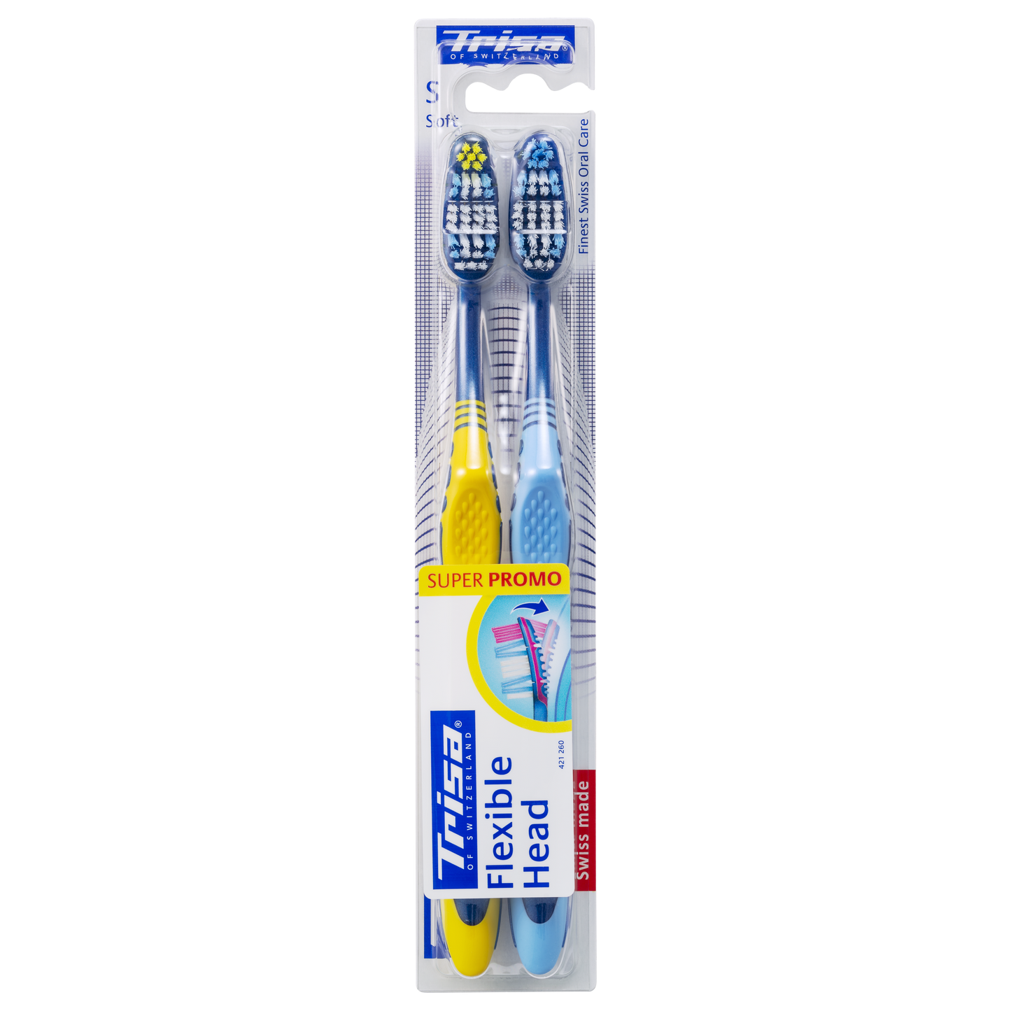 Swiss-made TRISA Flexible Head DUO packmanual toothbrush with flexible head and ergonomic handle