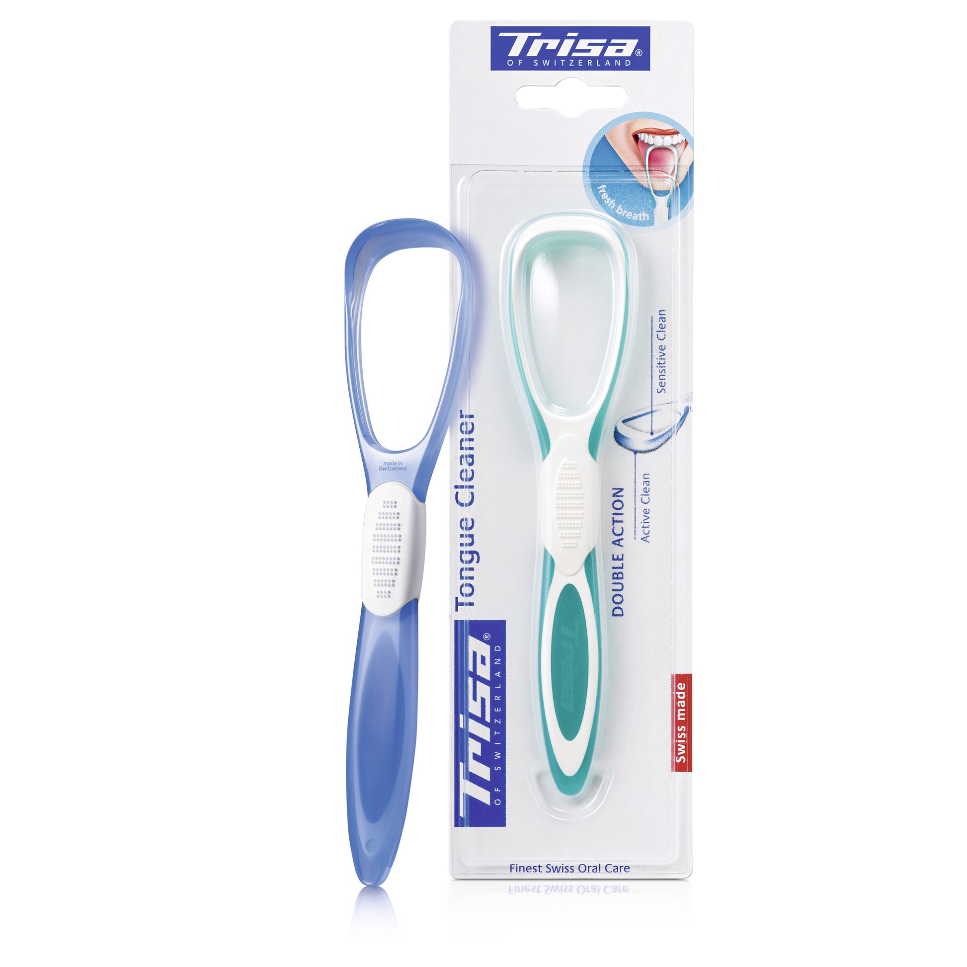 TRISA Double Action tongue cleaner – product in packaging with the cleaner shown alongside for a clear view of the design